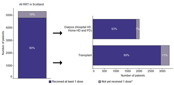Chart shows that 90% of the RRT population for ERF in Scotland have received the first dose of the Covid-19 vaccination. The chart also shows a split by modality with 93% of those on Dialysis and 89% of those with a kidney transplant have received the first dose.